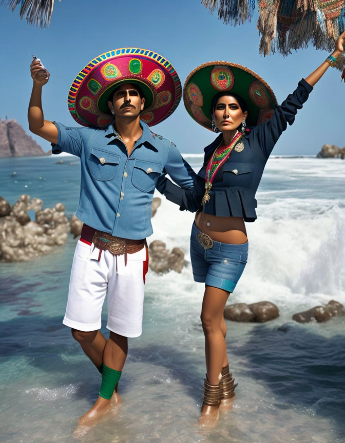 Mexican Attired Individuals on Rocky Shore with Sombreros