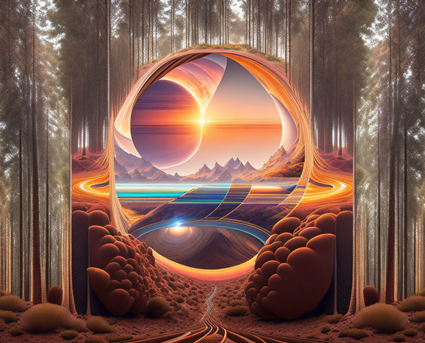 Surreal landscape with tall trees framing circular portal to sunlit mountainous scene