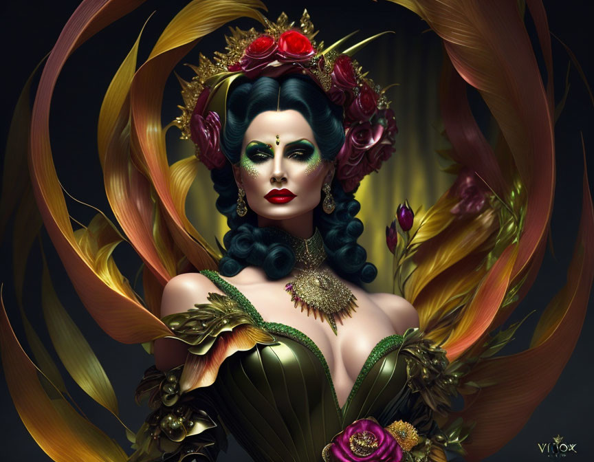 Illustration of woman with green skin, gold crown, surrounded by golden swirls and flowers