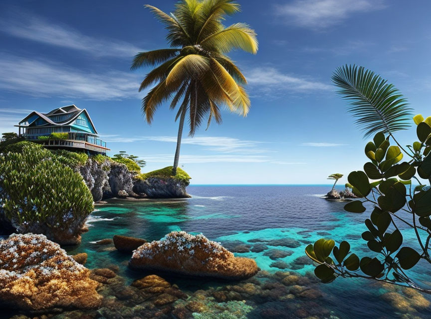 Tranquil Tropical Coastline with Cliff House, Palm Trees & Clear Blue Waters