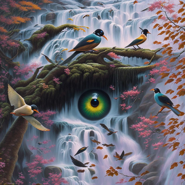 Surreal artwork: waterfall merging with giant eye, birds, foliage, flying fish