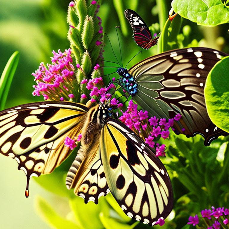 Colorful butterflies on pink flowers in green foliage