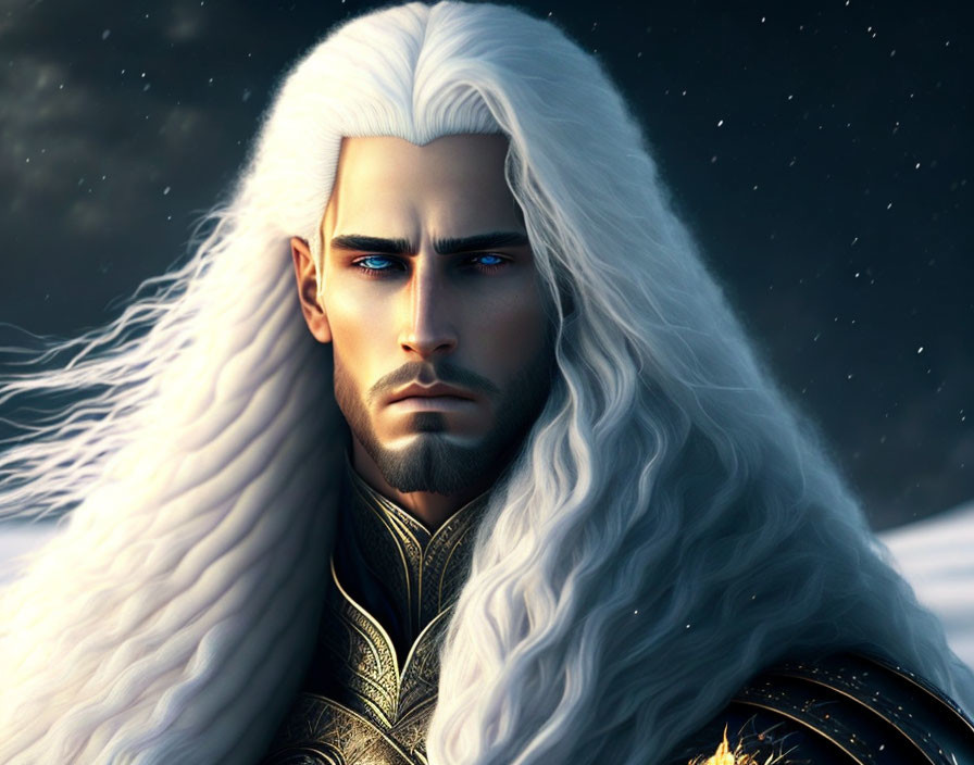 Male character with long white hair in ornate armor on starry night background