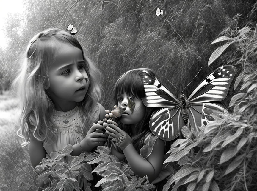 Monochrome scene: Young girls watching a large butterfly on foliage