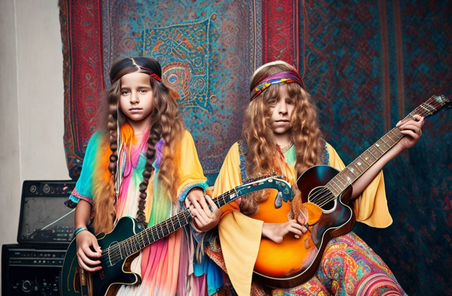 Children in 70s hippie attire with guitars in front of vintage patterns