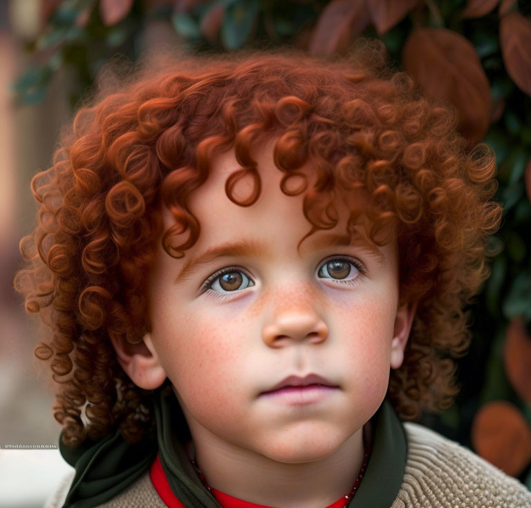 Curly Red-Haired Child with Green Eyes in Nature Setting