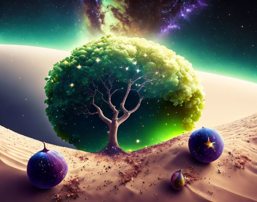 Glowing tree with star-patterned fruits on sandy dune under cosmic sky