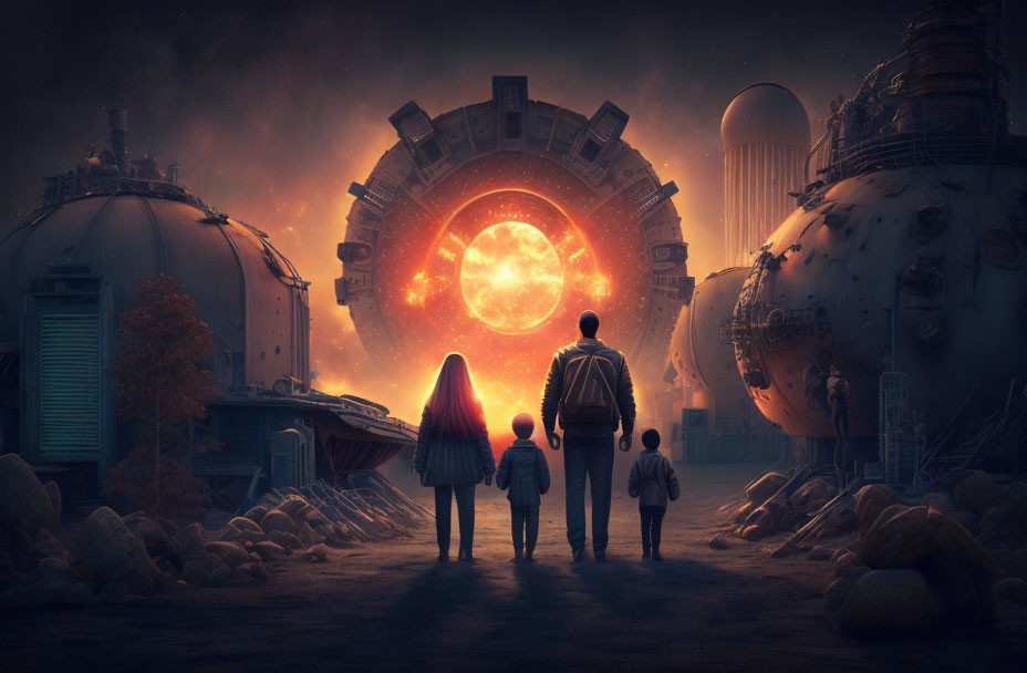 Group of people in front of futuristic portal with luminous sun and advanced machinery