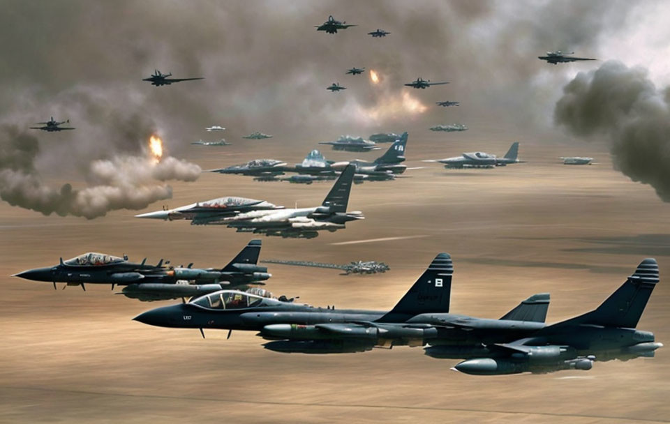 Military aircraft formation over desert with smoke and explosions