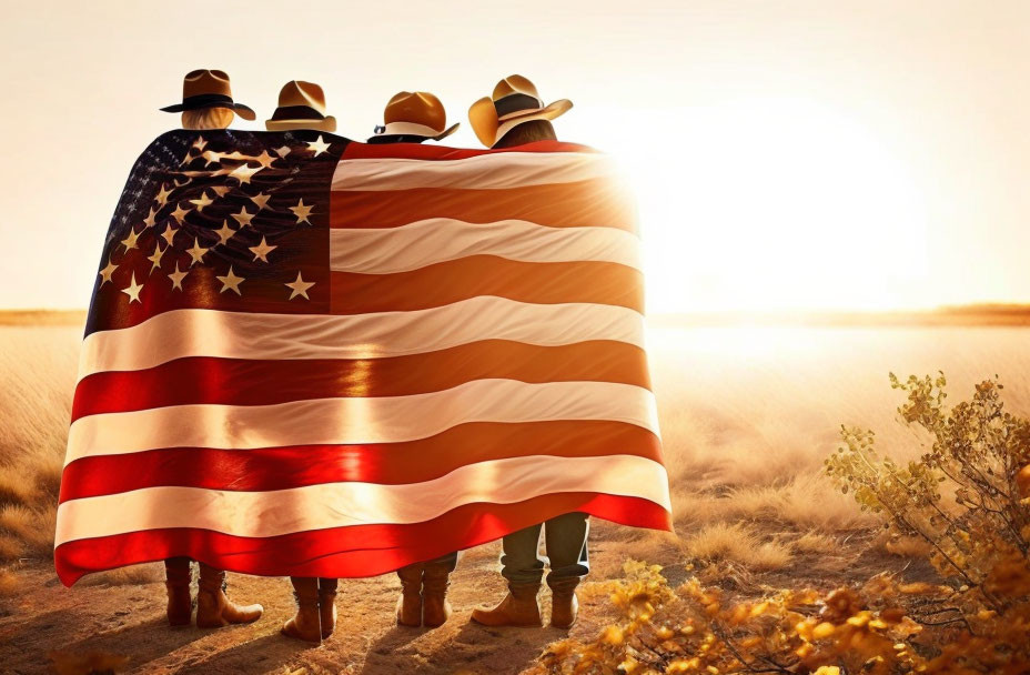 Group of four people in desert with US flag at sunset