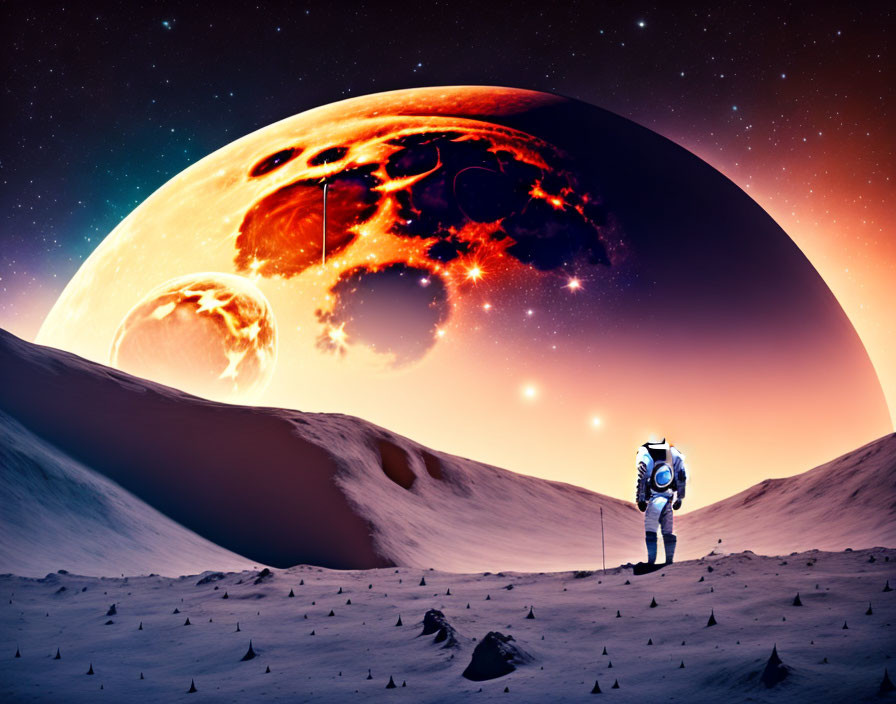 Astronaut on barren alien landscape with planet and moons in starlit sky