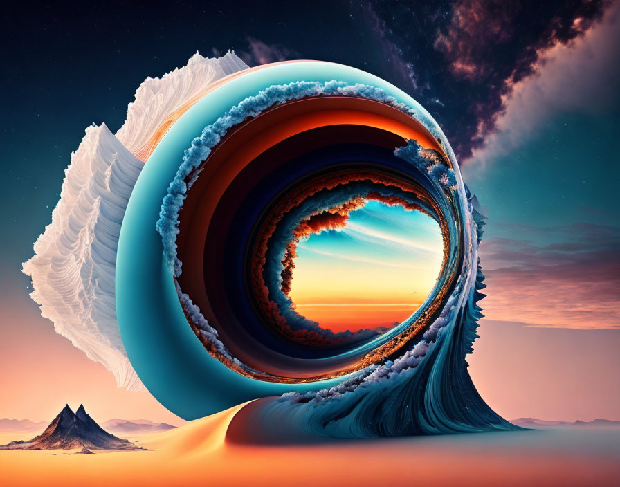 Surreal toroidal landscape with recursive elements at dusk