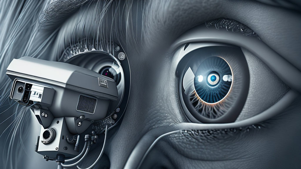 Artistic representation of human eye with mechanical iris and surveillance camera symbolism.