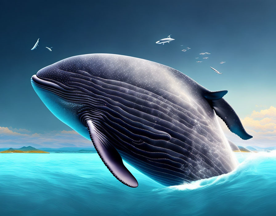 Whale leaping from sea with starry night sky texture