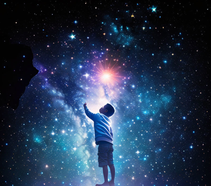 Child Reaching Towards Luminous Star in Radiant Night Sky