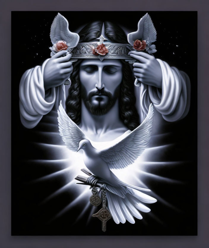 Figure with halo and crown of thorns holding white dove on dark backdrop