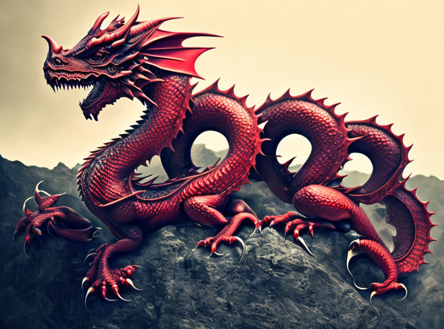 Red Dragon with Spiny Frills and Sharp Talons on Rocky Outcrop