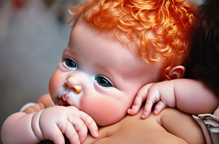 Infant with Red Hair and Blue Eyes Resting on Adult's Shoulder