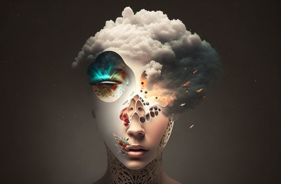 Surreal portrait of person with cloud brain, vibrant eye storm, melting features, and scattered em