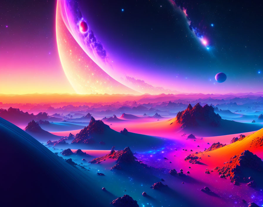 Colorful Sci-Fi Landscape with Moons, Stars, and Nebula Sky