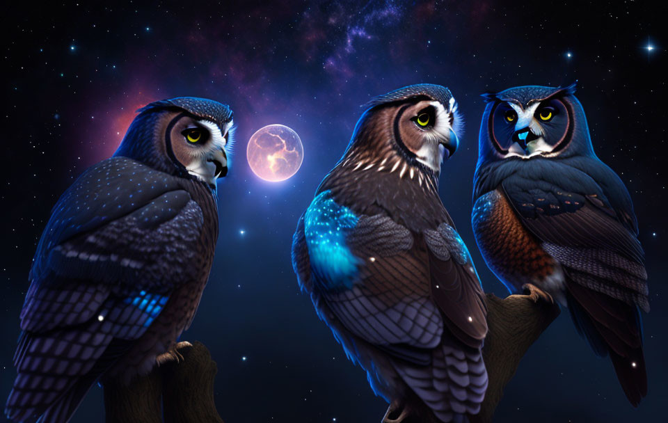 Stylized owls with glowing blue markings under starry sky