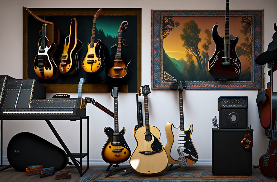 Artistic Music Room with Guitars, Keyboard, Amp, and Artwork