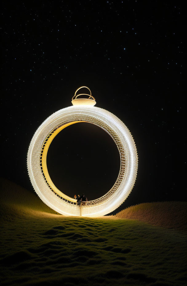 Person standing under giant ring of lights with Saturn-like top against dark starry sky