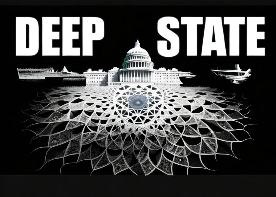 Political-themed graphic featuring "DEEP STATE" text, U.S. Capitol Building, warships,