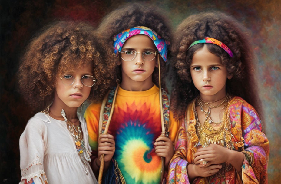 Three curly-haired children in retro hippie attire against textured backdrop