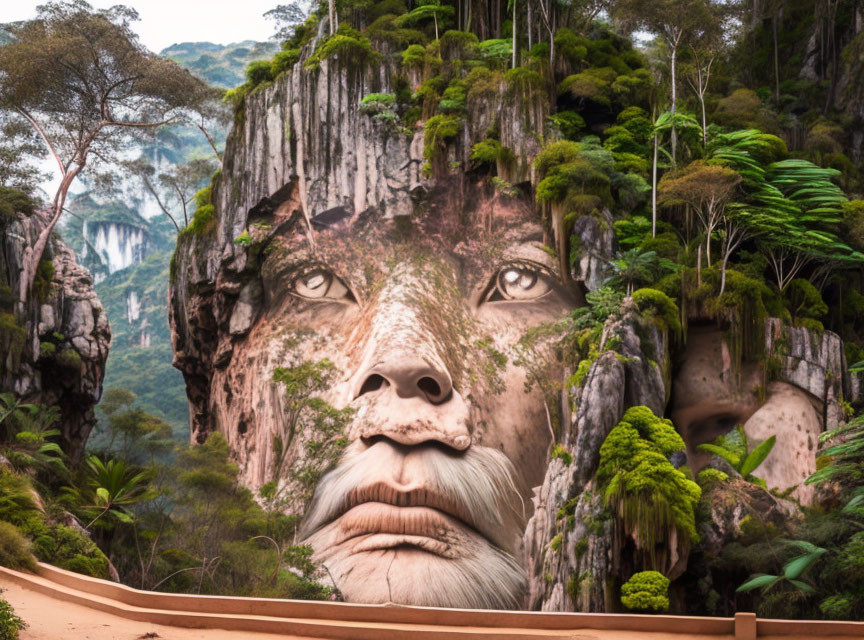 Surreal landscape with giant carved faces in rocky cliffs