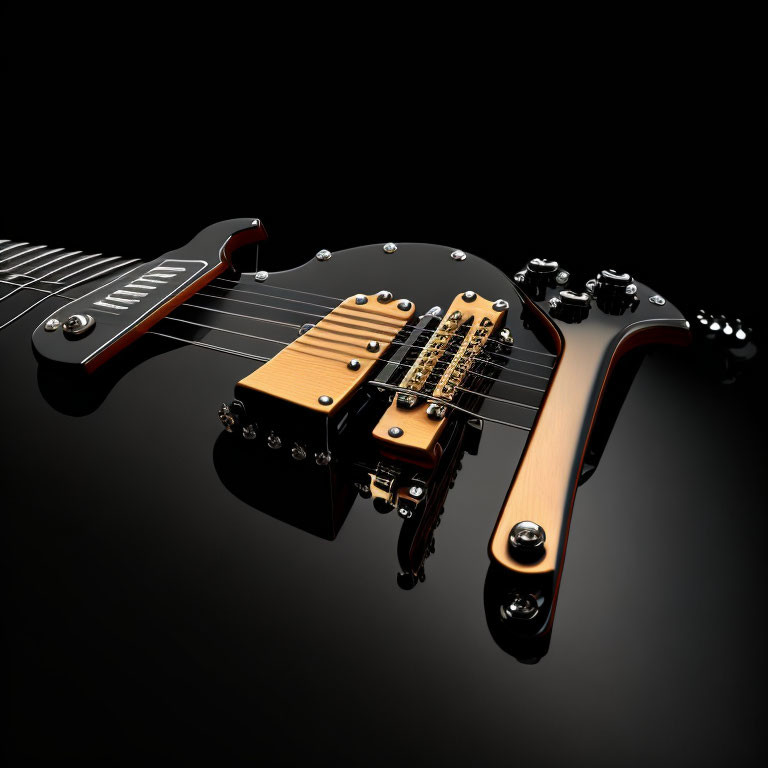 Sleek black electric guitar with gold pickups on dark background