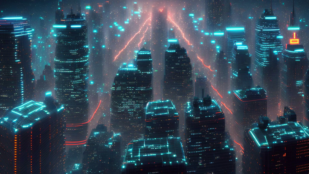 Futuristic night cityscape with towering skyscrapers & vibrant neon lights