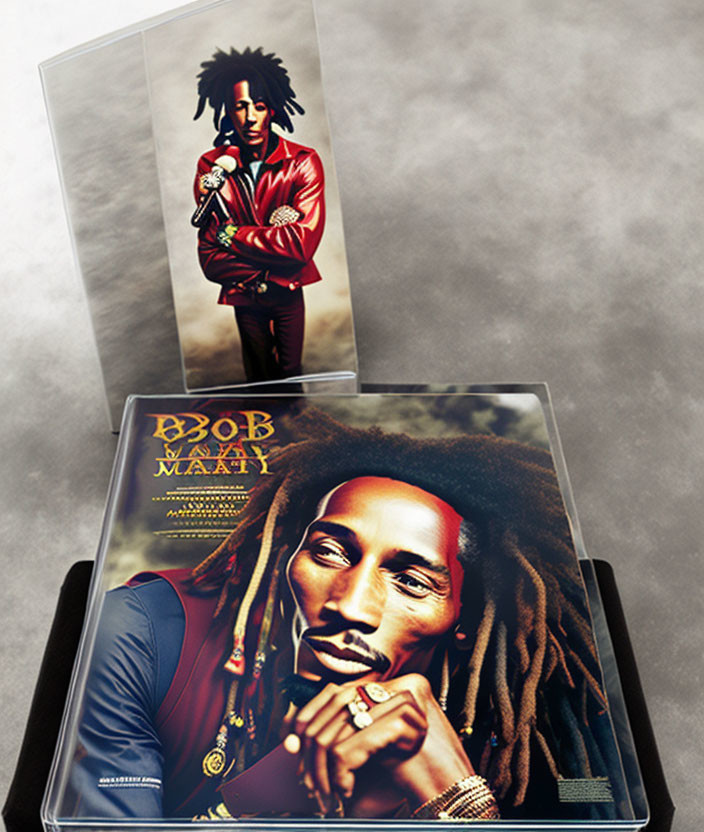 Bob Marley portrait CD case and poster with dreadlocks and red jacket