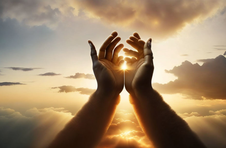 Open Hands Reaching Up to Bright Sky with Sunbeams