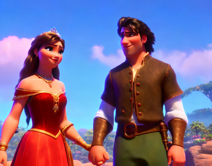 Animated princess and prince holding hands in vibrant setting