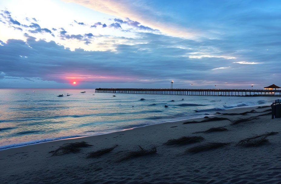 Tranquil beach sunset with long pier under pink and blue sky