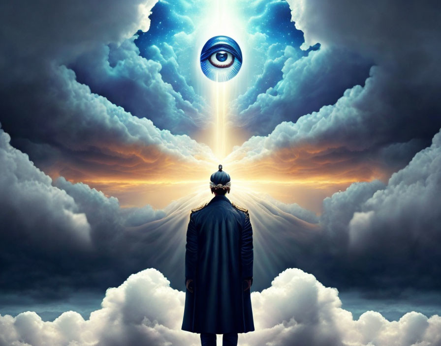 Person in coat gazes at surreal skyscape with giant eye in clouds.