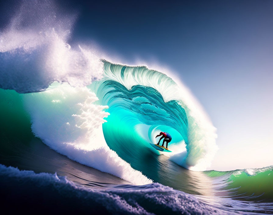 Vibrant turquoise barrel wave with surfer in sunlight tunnel