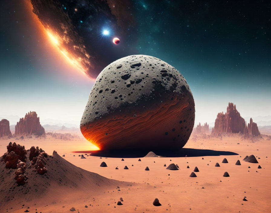 Surreal landscape with large moon-like celestial body in cosmic desert scene