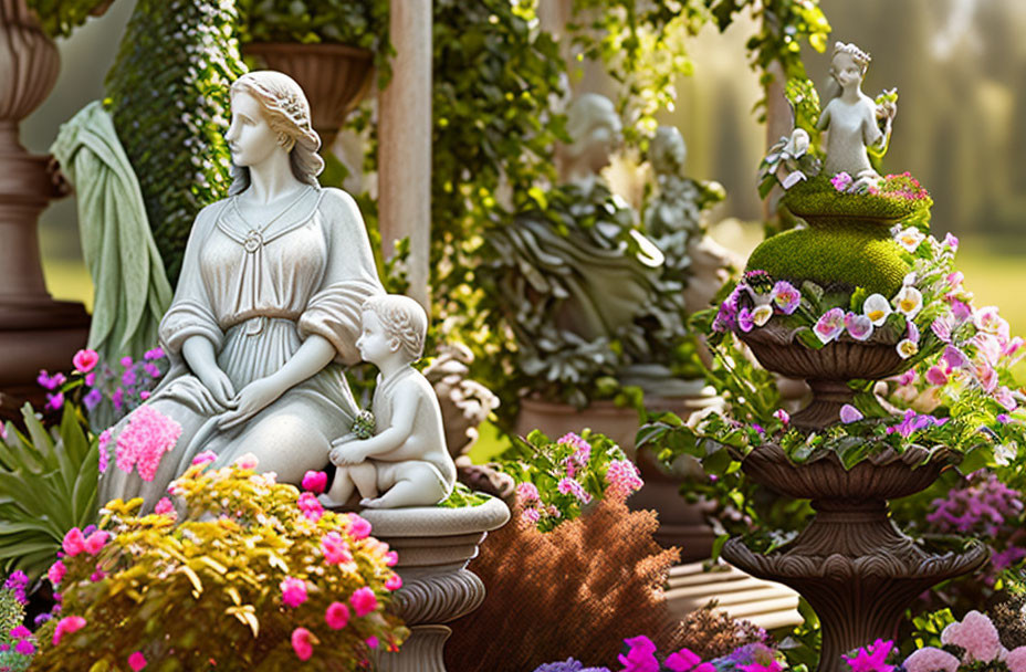 Tranquil garden scene with stone statue, flowers, and planters