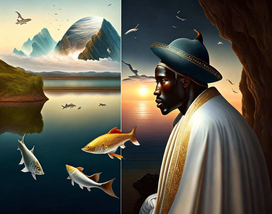 Split composition: serene lake with flying fish on the left, man in hat watching sunset on the right