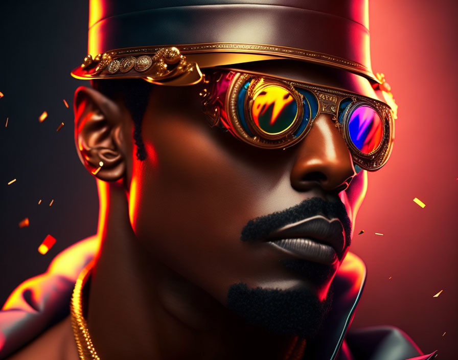 Colorful Sunglasses Man Portrait with Golden Crown and Mustache on Warm Background