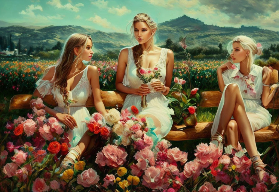 Three women in white dresses on wooden bench with vibrant flowers and scenic landscape