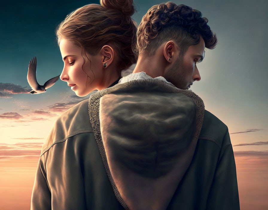 Man and woman in digital art with sunrise and flying bird.