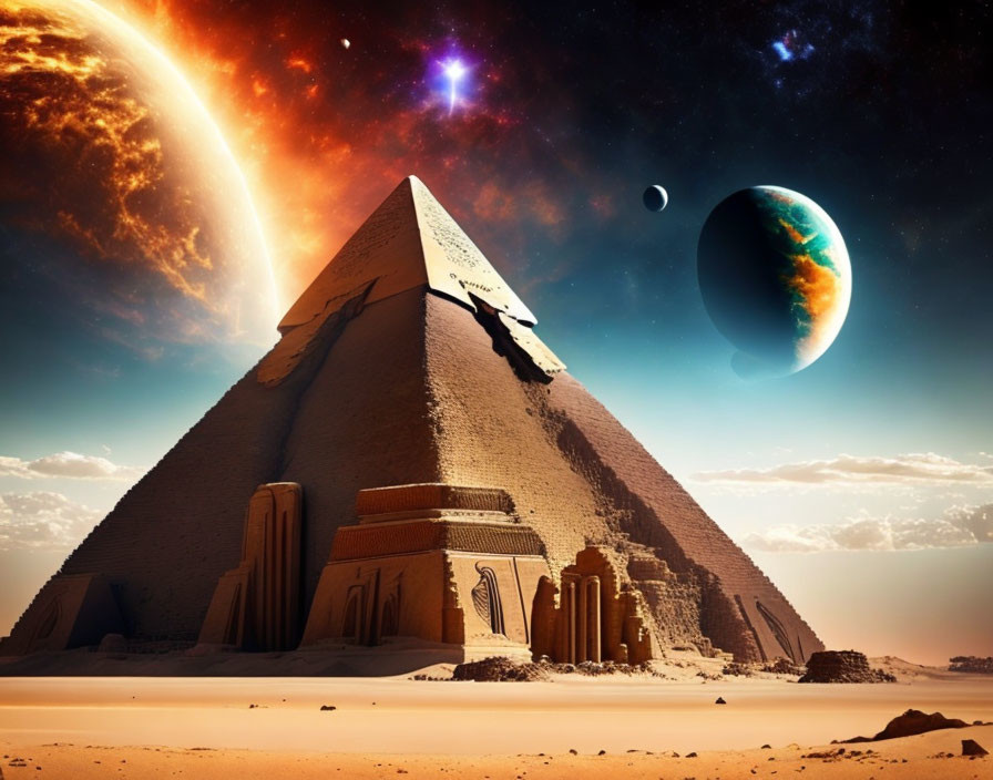 Futuristic Egyptian pyramid under fantastical sky with planet and moon