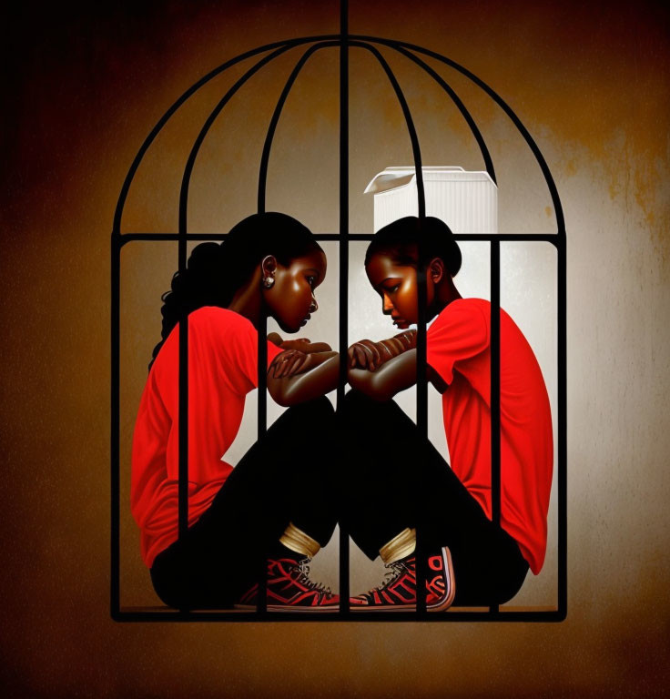 Stylized figures in birdcage with red outfits and sneakers pose.