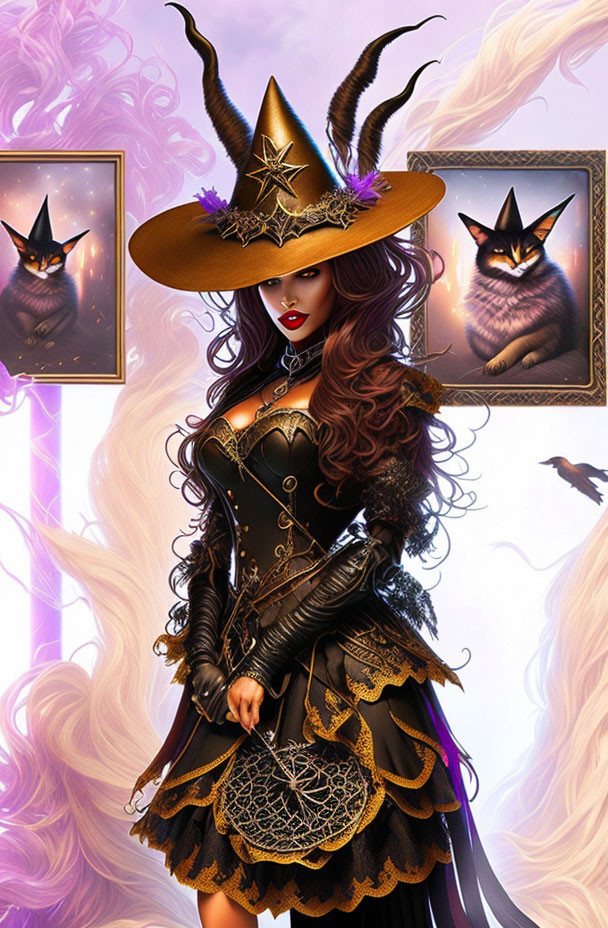 Stylized witch illustration with long hair and cat in hat