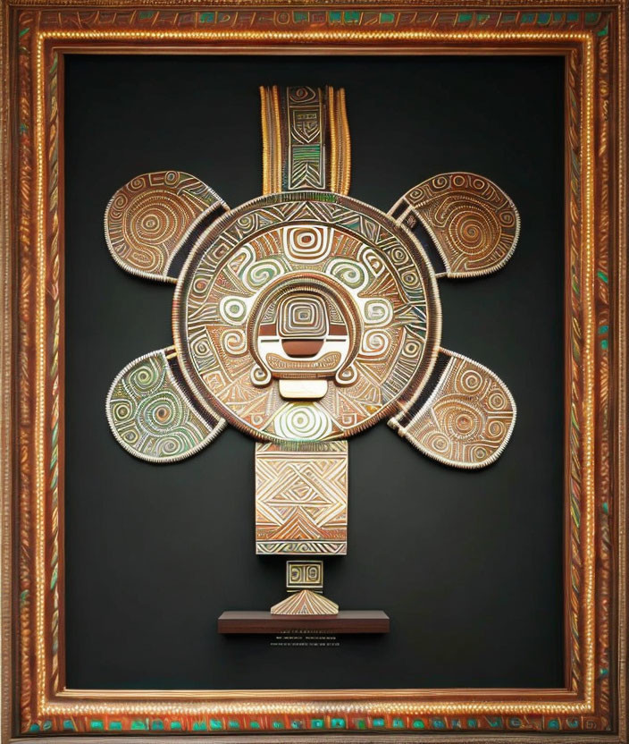 Tribal-style decorative shield with concentric circles and geometric patterns