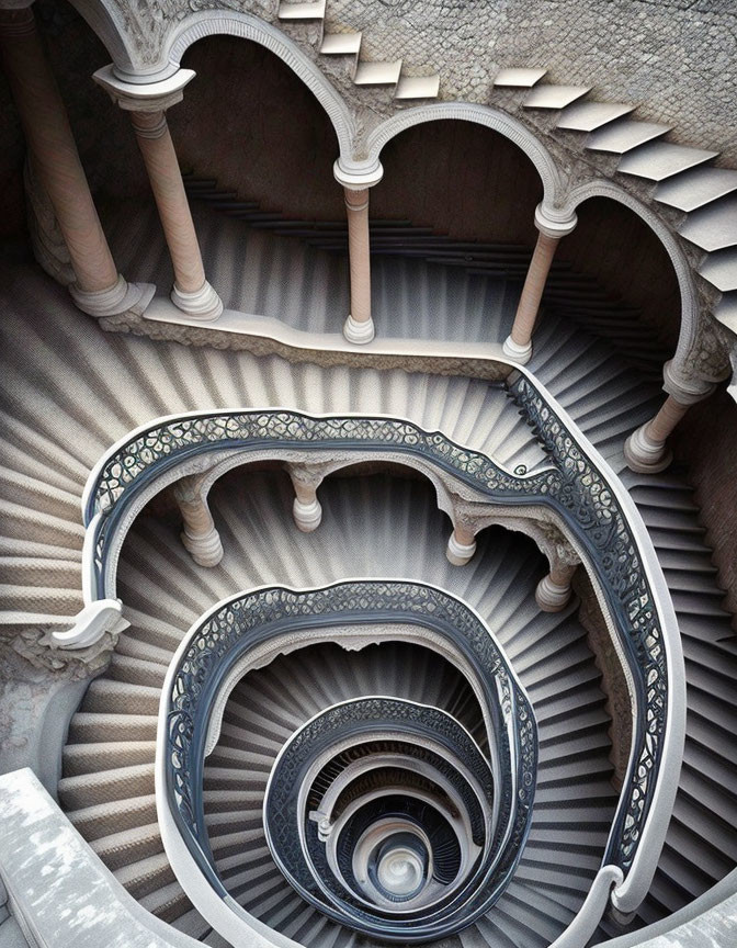 Ornate spiral staircase with intricate metal railings