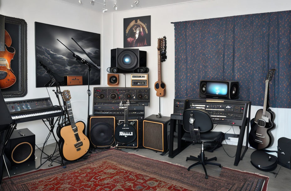 Home Music Studio with Guitars, Amplifiers, Keyboard, Recording Equipment